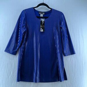 CSC Studio Tunic Size S Tall Pullover Grid Textured 3/4 Sleeve USA Metallic Blue